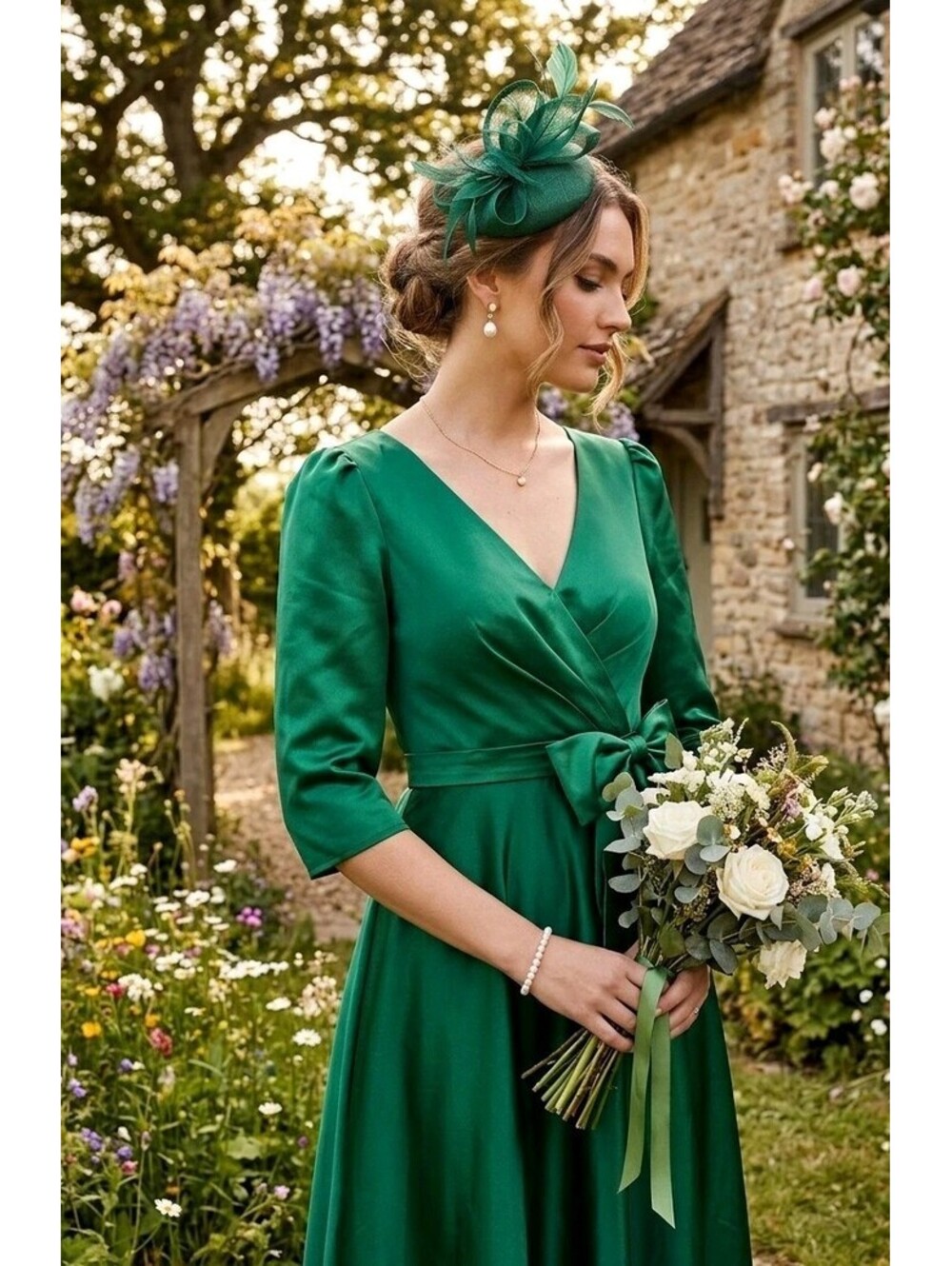Emerald Green Satin A-Line Midi Dress | Size 12 | Bow Detail & 3/4 Sleeve
